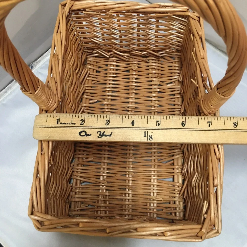 Wicker Basket Unisex Medium Tan Rectangular Woven Willow with Handle Cottagecore